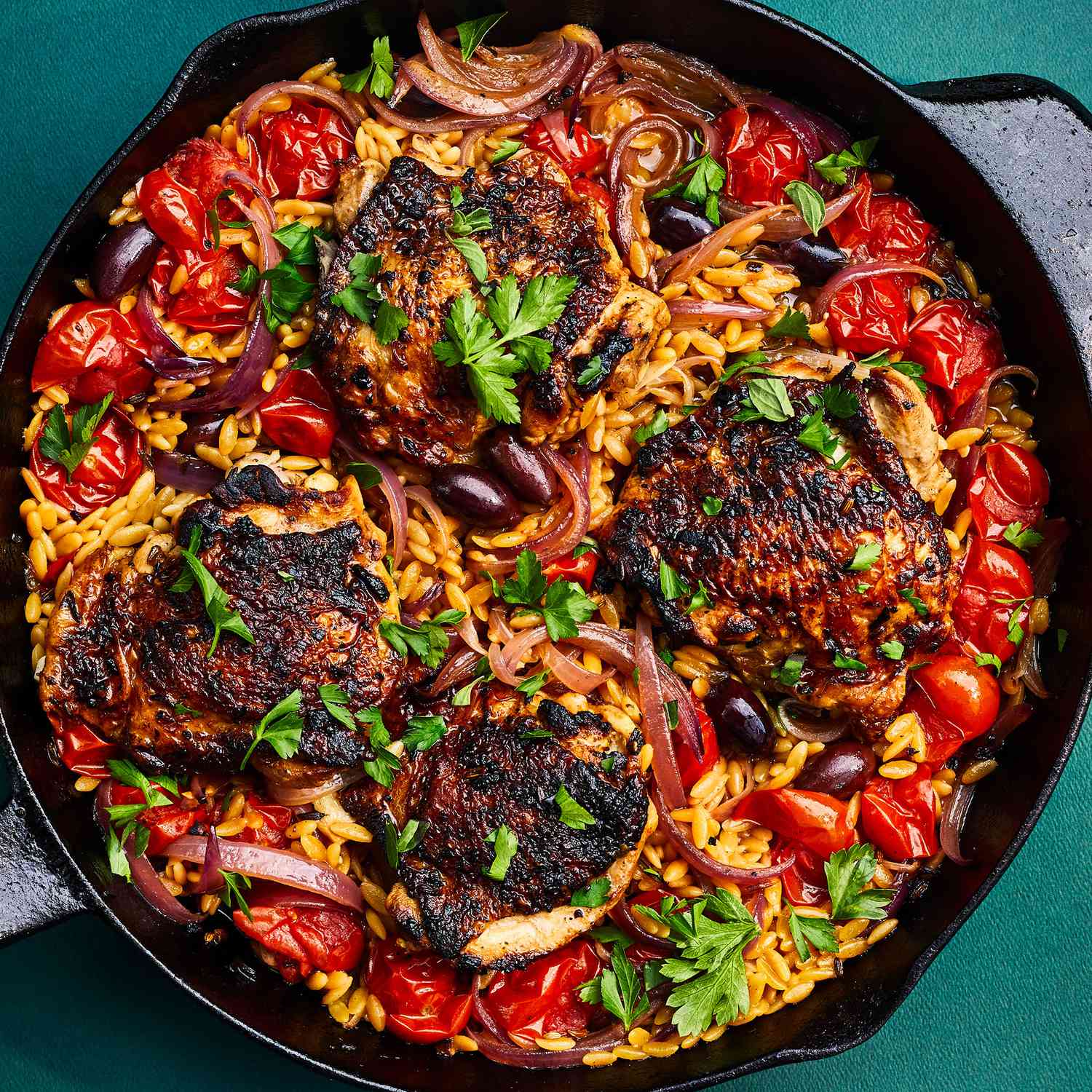 Skillet Chicken with Orzo & Tomatoes 