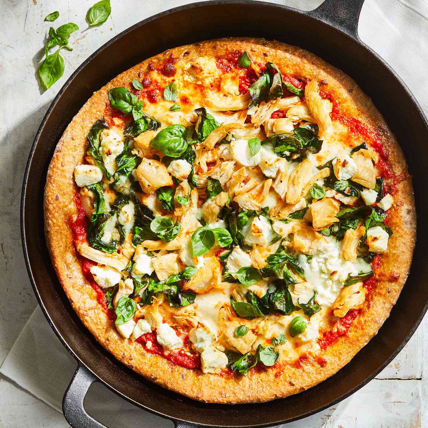 Cast-Iron Skillet Pizza with Red Peppers, Chicken & Spinach