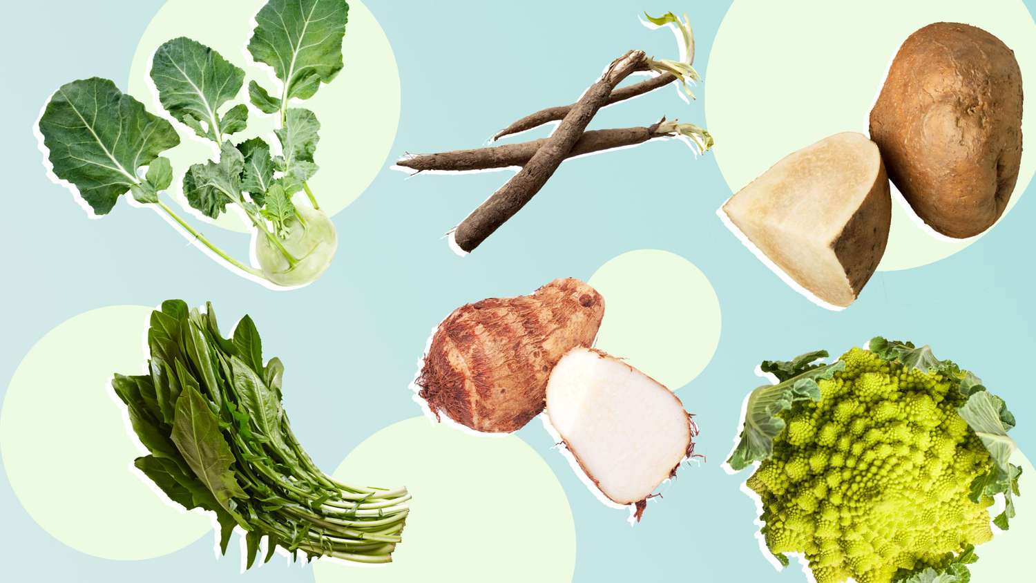 Collage of vegetables including Kohlrabi, salsify, jicama, romanesco, taro, and dandelion greens