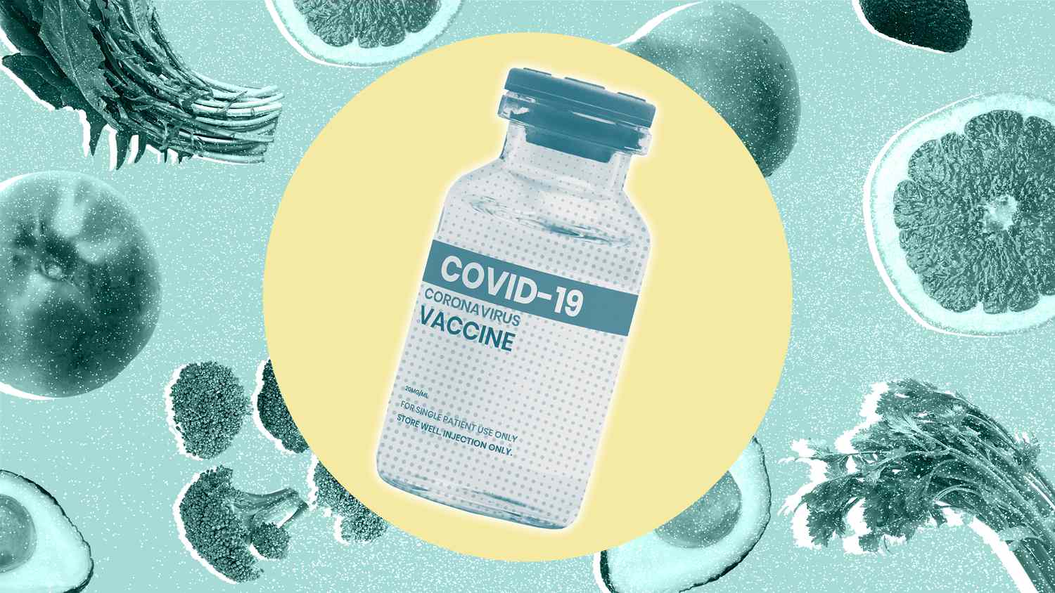 Covid-19 vaccine on a designed background with fruits and vegetables
