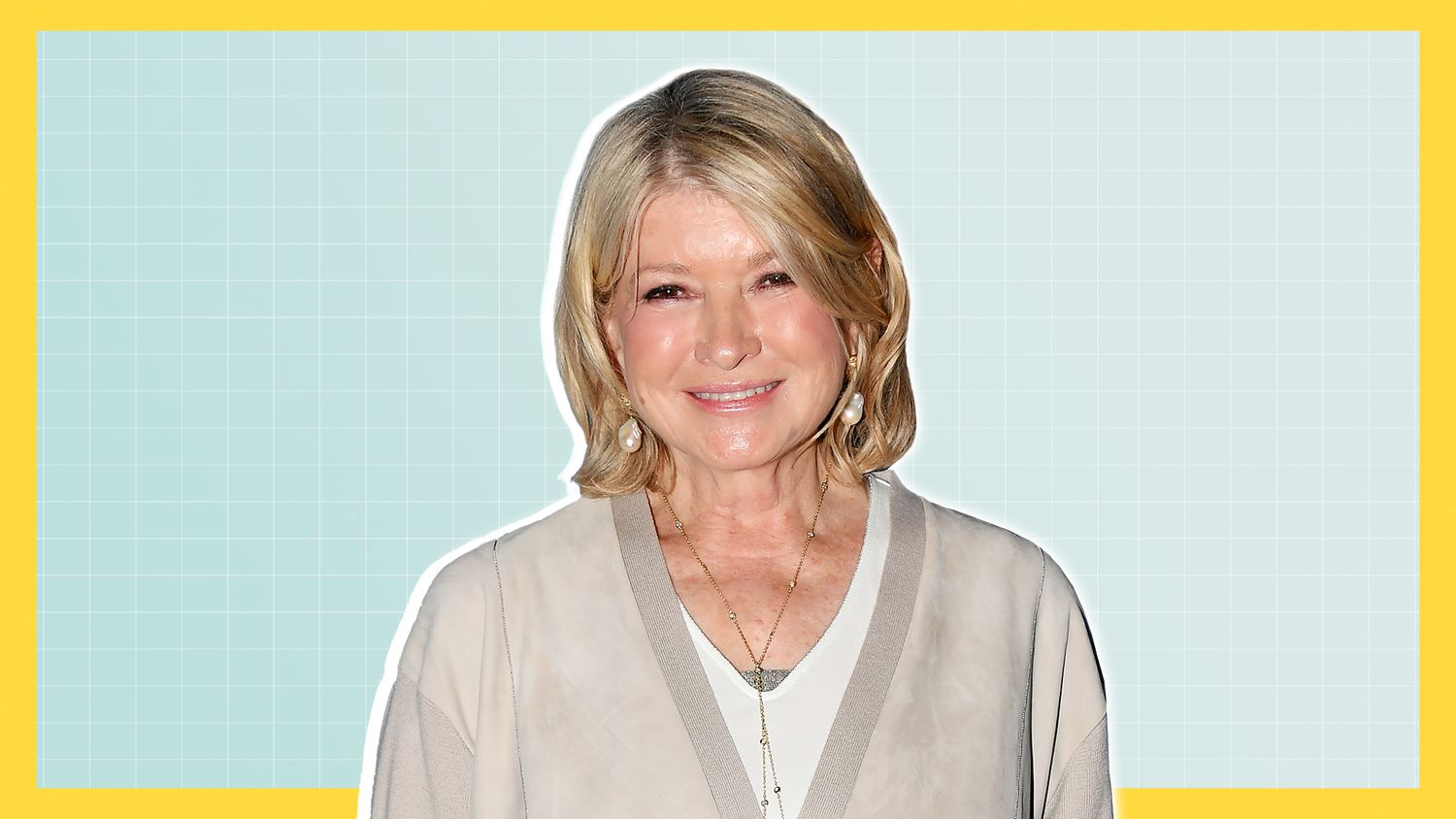 Martha Stewart on a designed background