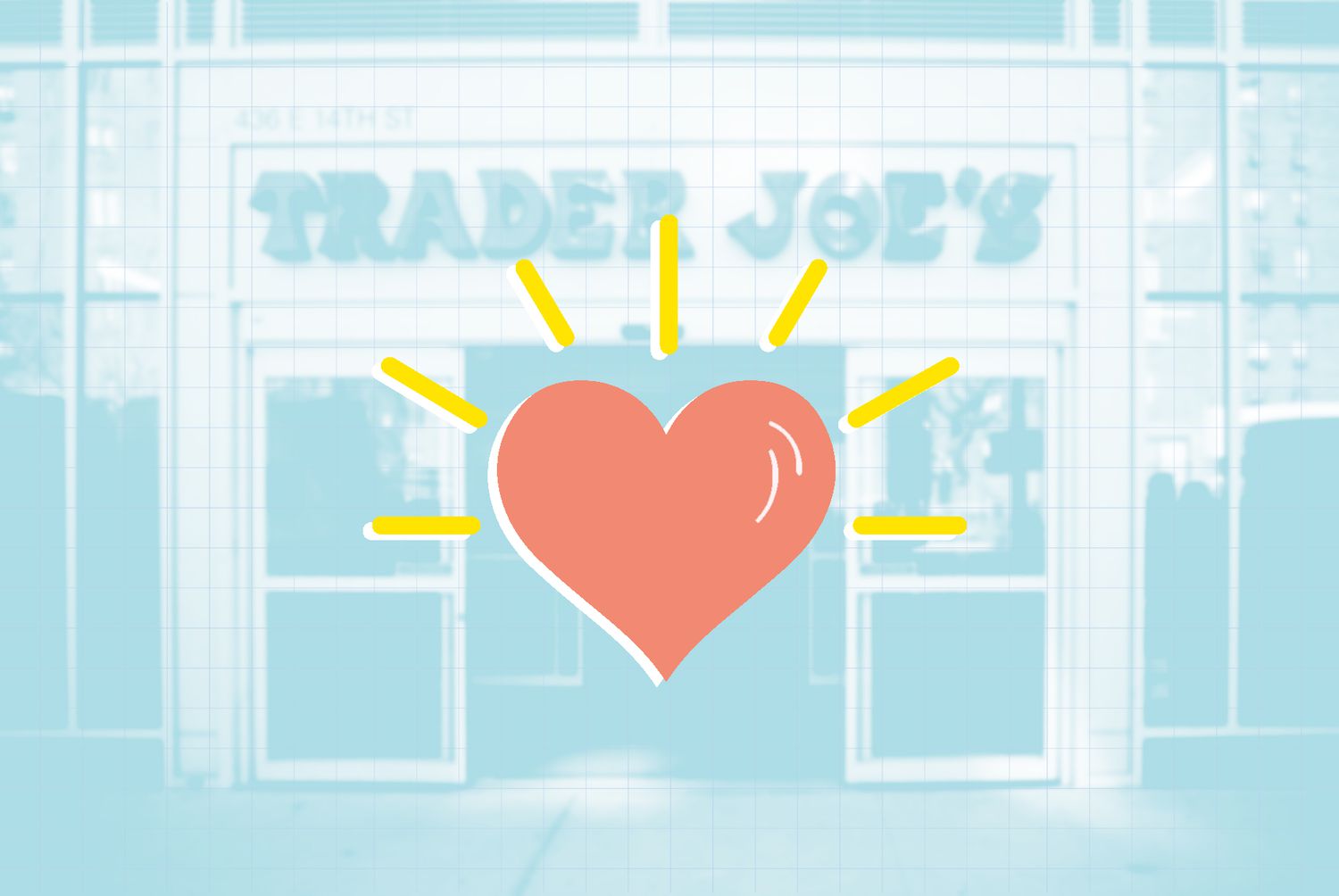 An illustration of a heart on a photo of a trader joe's store front