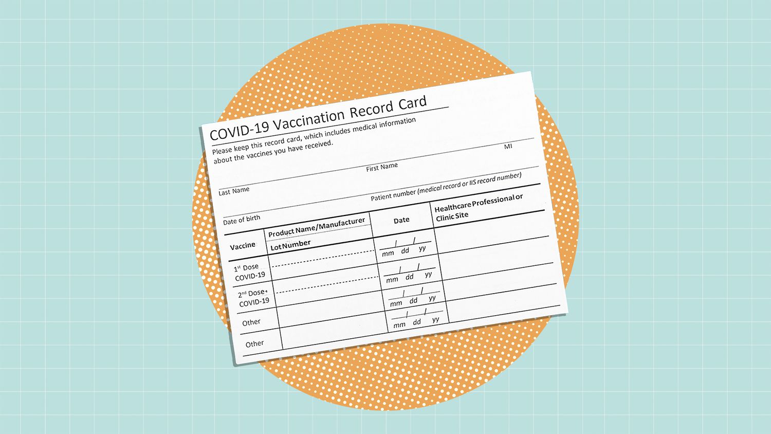 COVID-19 Vaccine Record card on a designed background