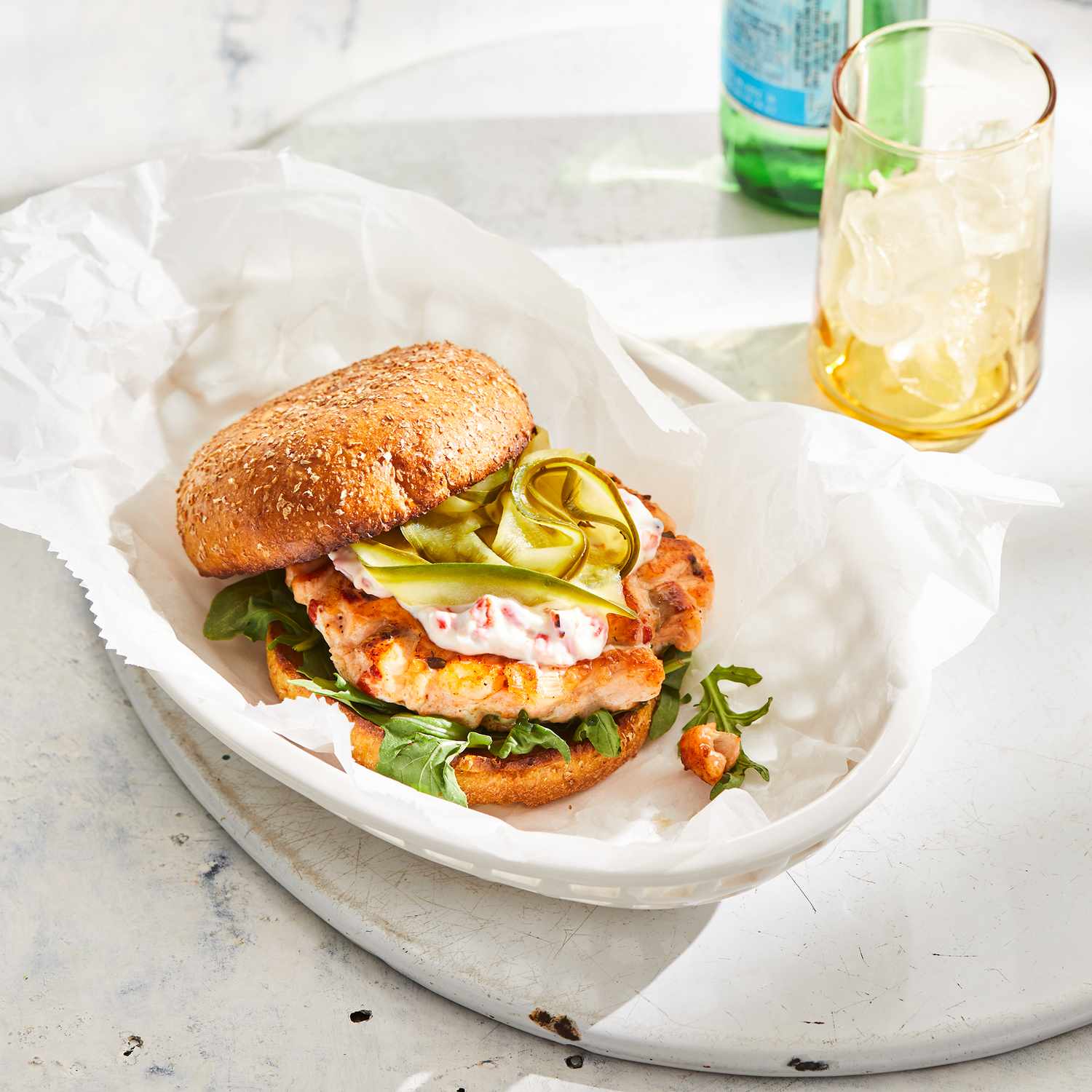 Salmon Burgers with Quick Pickles and Red Pepper Aioli