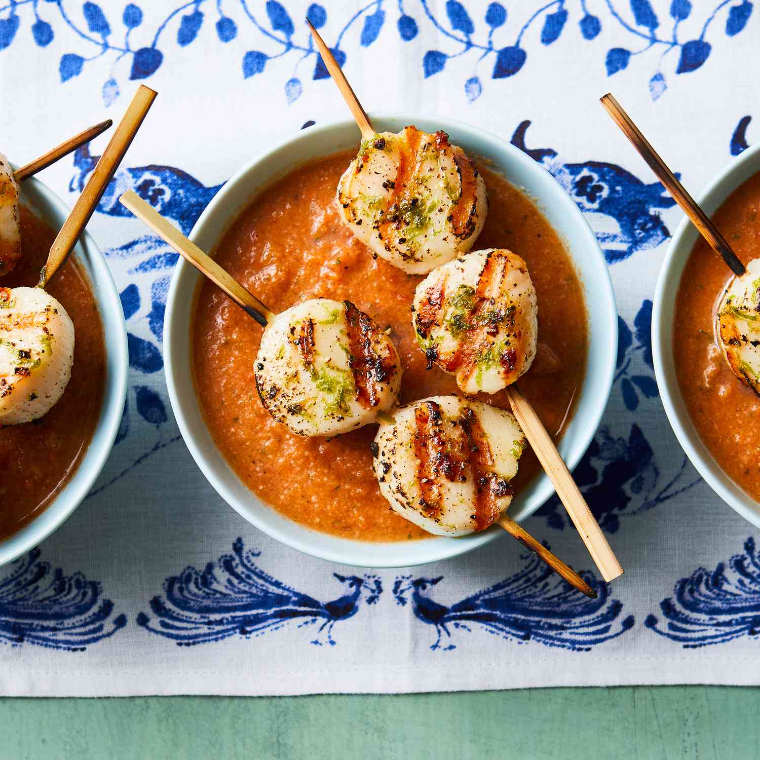 Gazpacho with Scallop Skewers 
