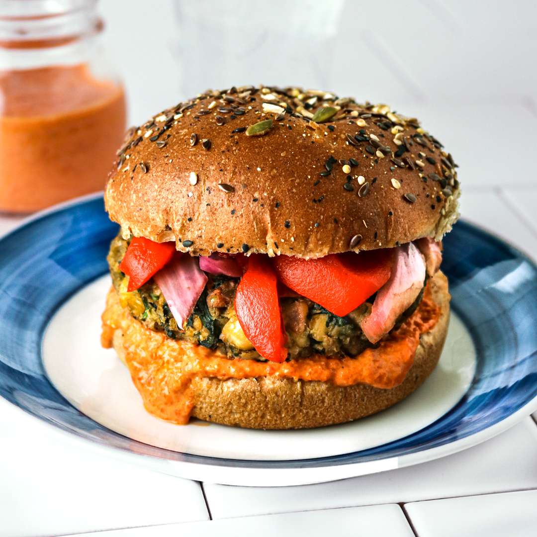 Chickpea Pesto Burgers with Roasted Red Pepper Sauce