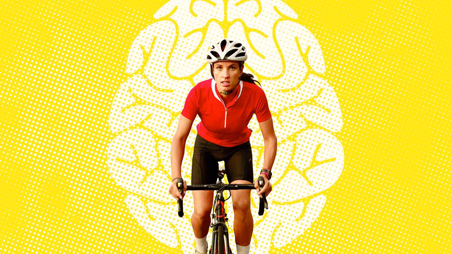 woman cyclist with a illustration of a brain in the background