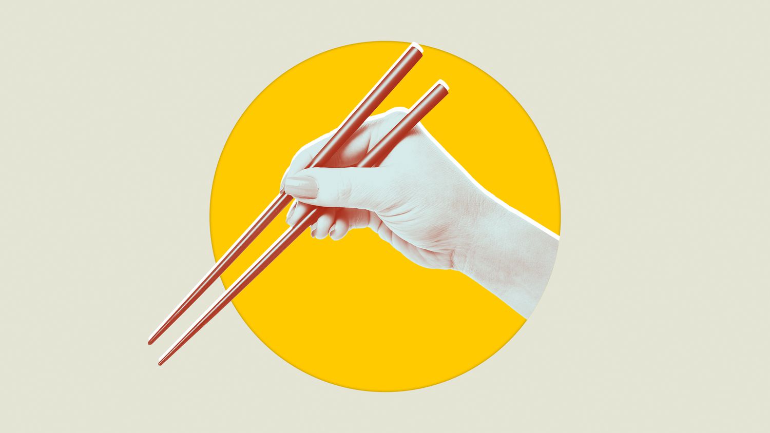 a hand holding chopsticks on a designed background