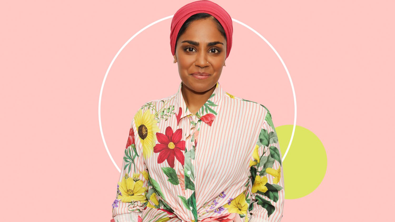 Portrait of Nadiya Hussain on a designed background