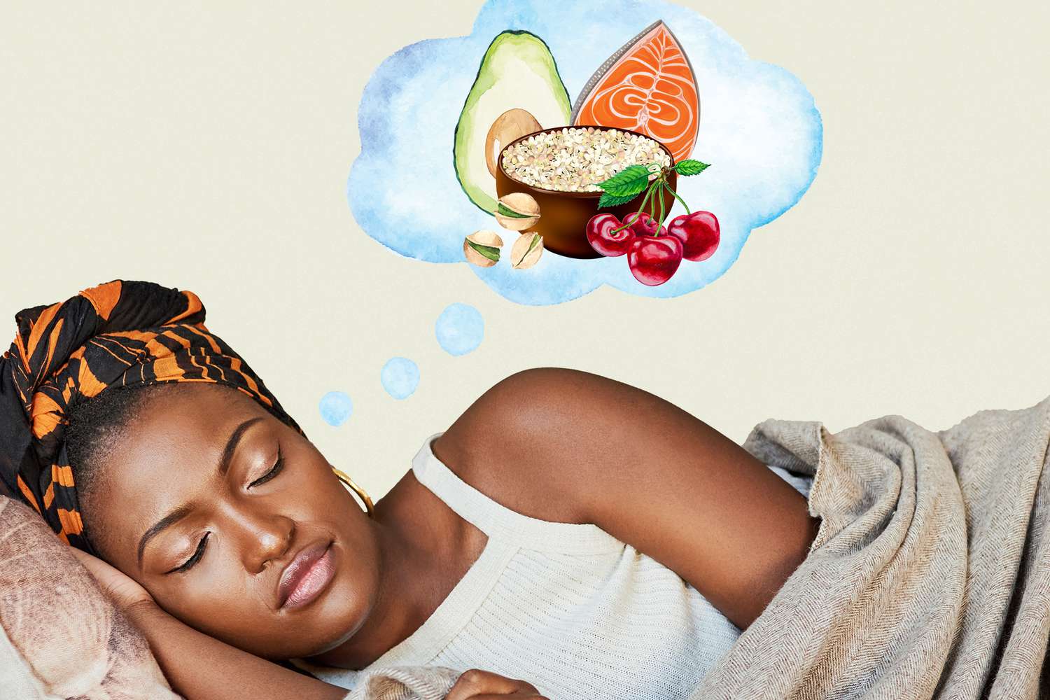A woman sleeping with a thought bubble with food items from the Mediterranean diet