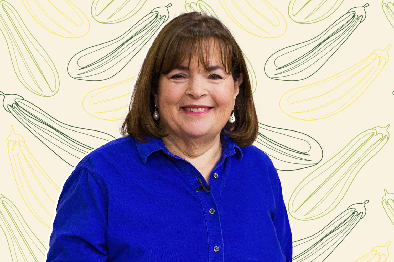 Ina Garten on a designed background of zucchinis