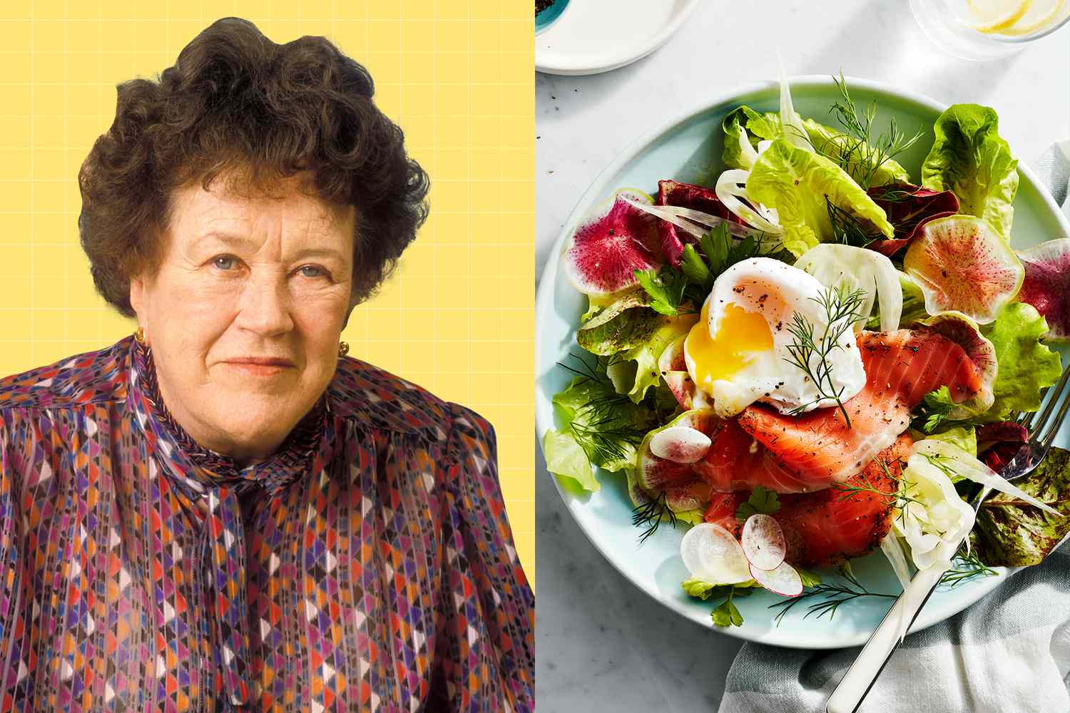 A portrait of Julia child next to Breakfast Salad with Smoked Salmon & Poached Eggs