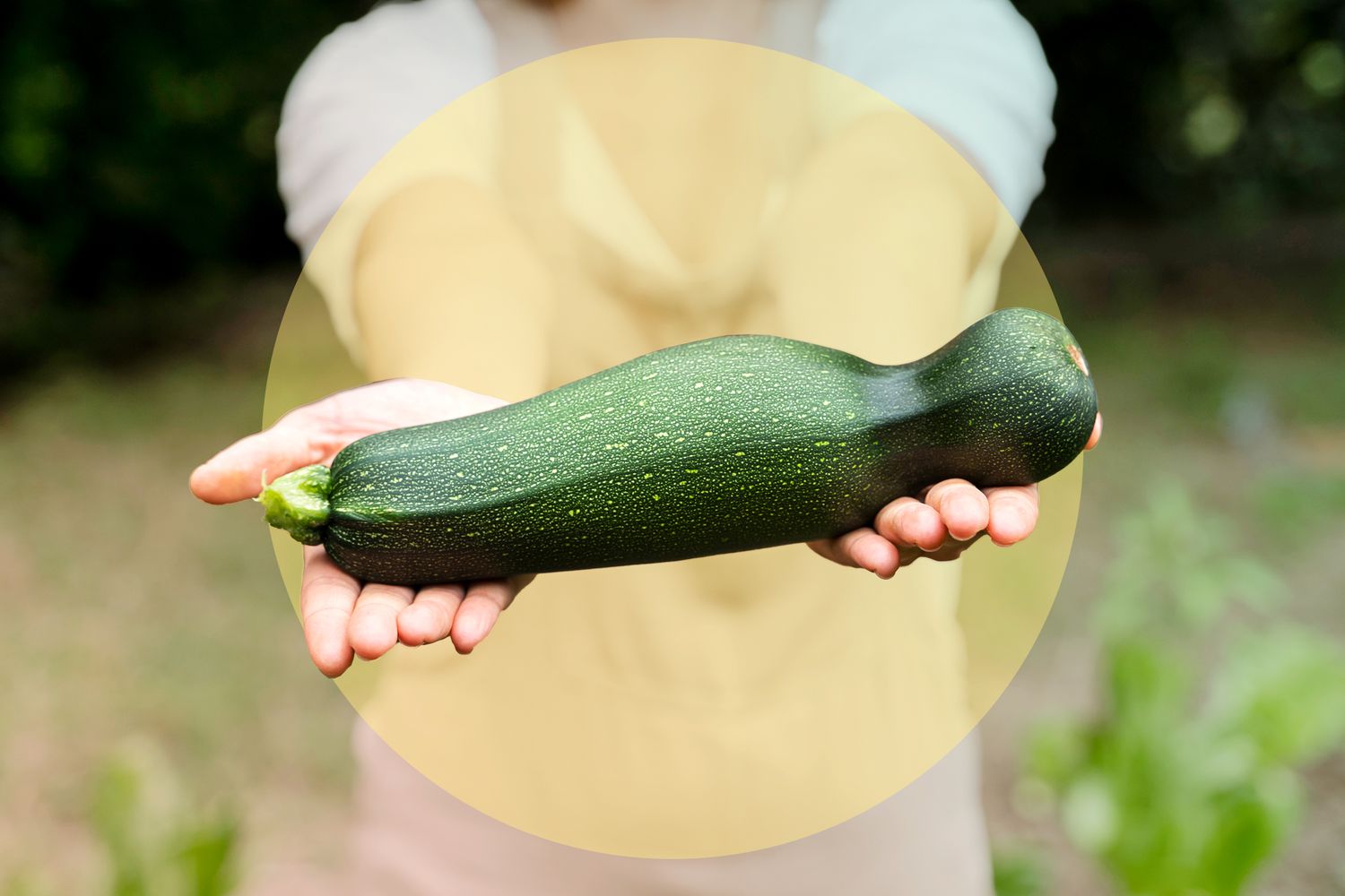 A woman holding a zucchini outside