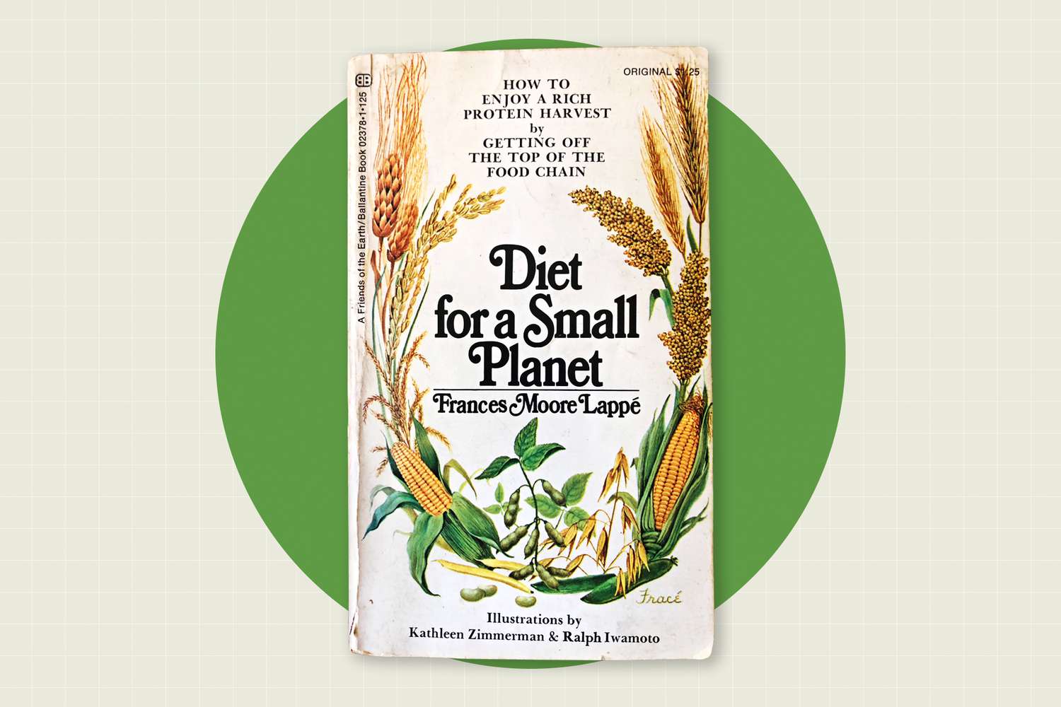 A photo of a book titled Diet for a Small Planet by Francees Moore Lappe on a designed background