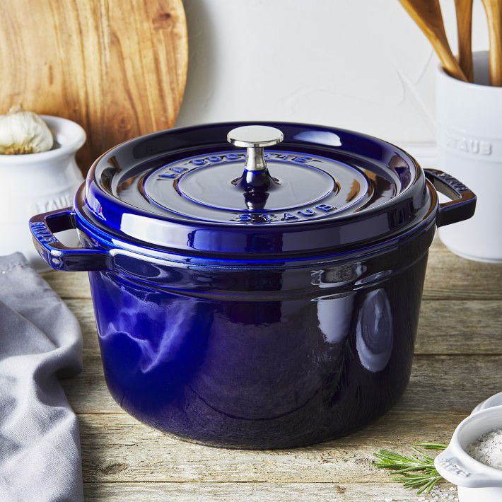 blue Staub Enameled Cast Iron Deep Oven on a kitchen counter