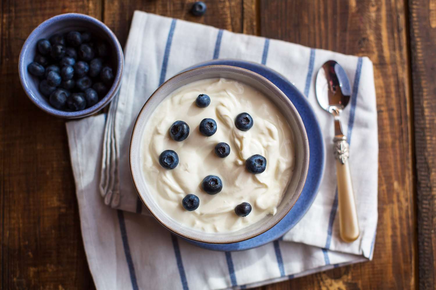 Skyr with blueberries in bowl on wood