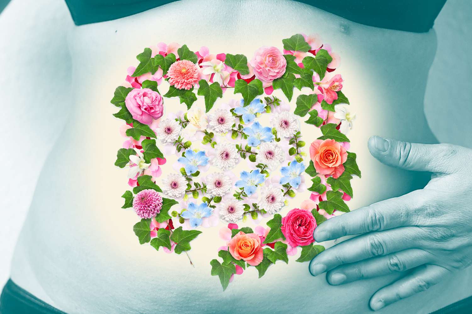 A woman's mid section with a cut out exposing flowers in the shape of intestines