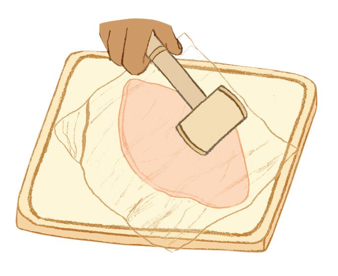 An Illustration of a hand using a hammer to tenderize a chicken breast