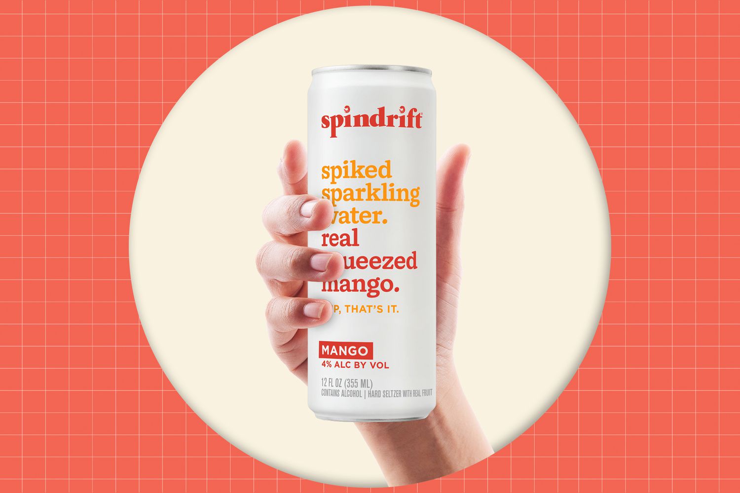 A hand holding a can of Spindrift Hard Seltzer on a designed background