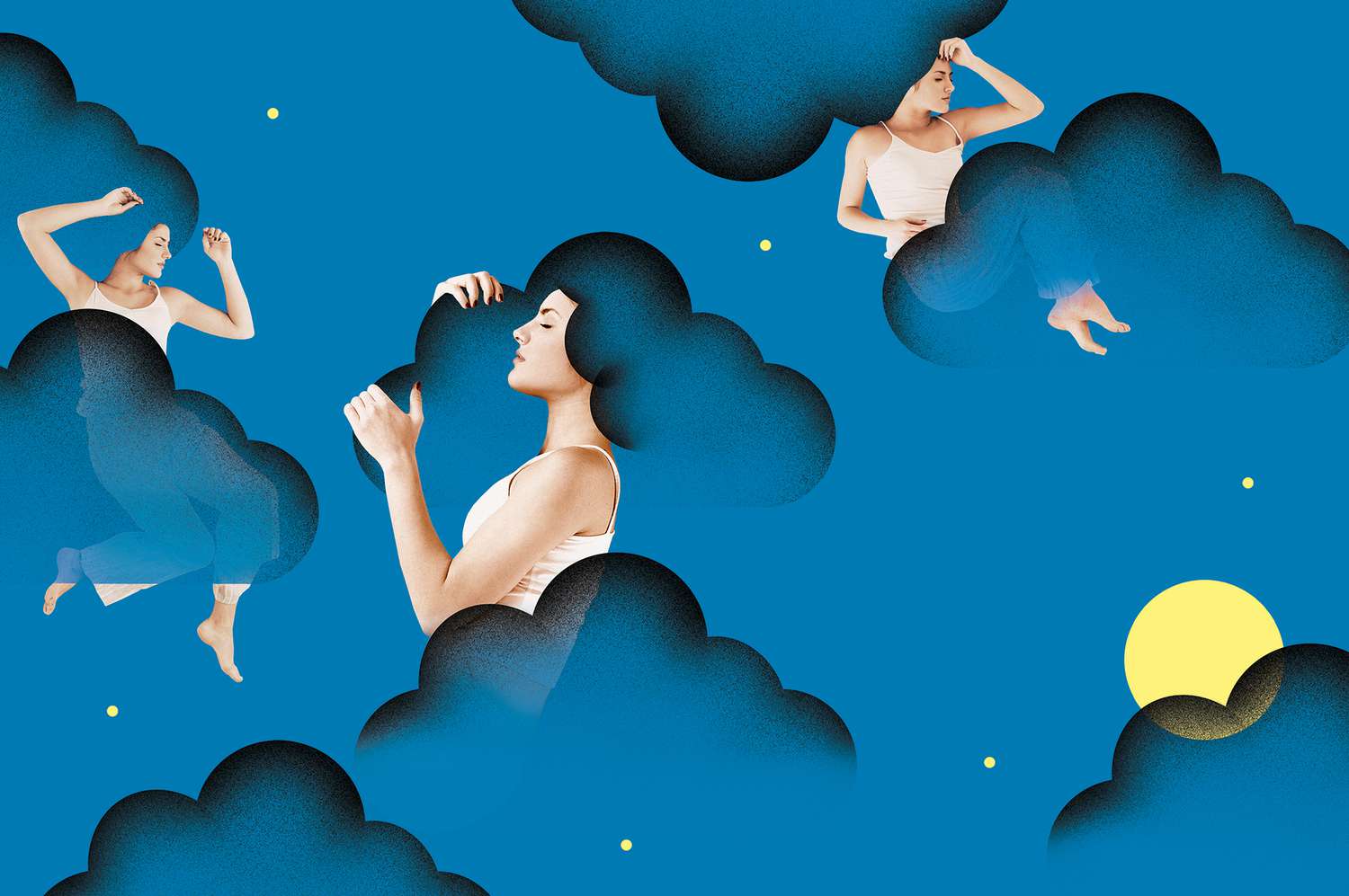 A composite image of a woman sleeping in illustrated clouds in a night sky