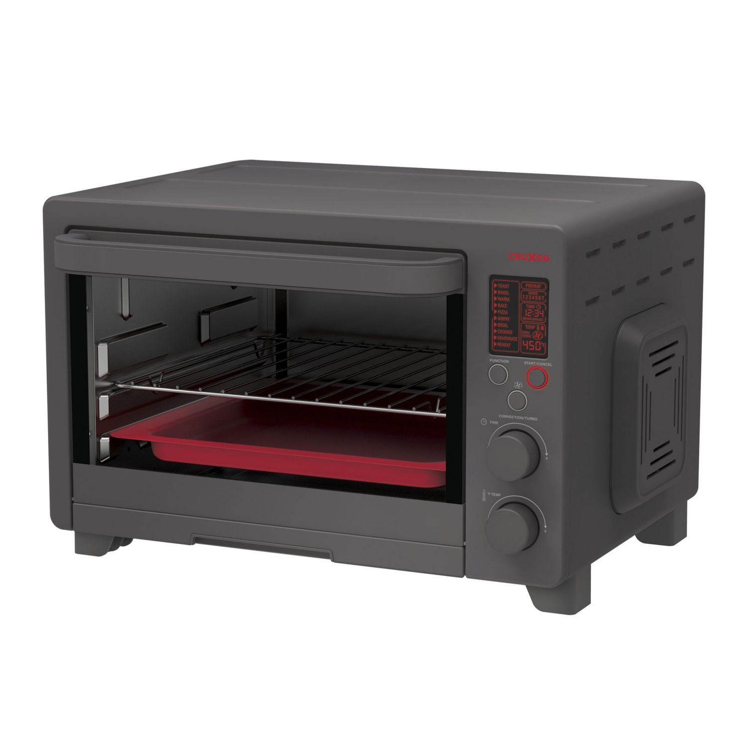 dark grey toaster oven with silver rack and red tray
