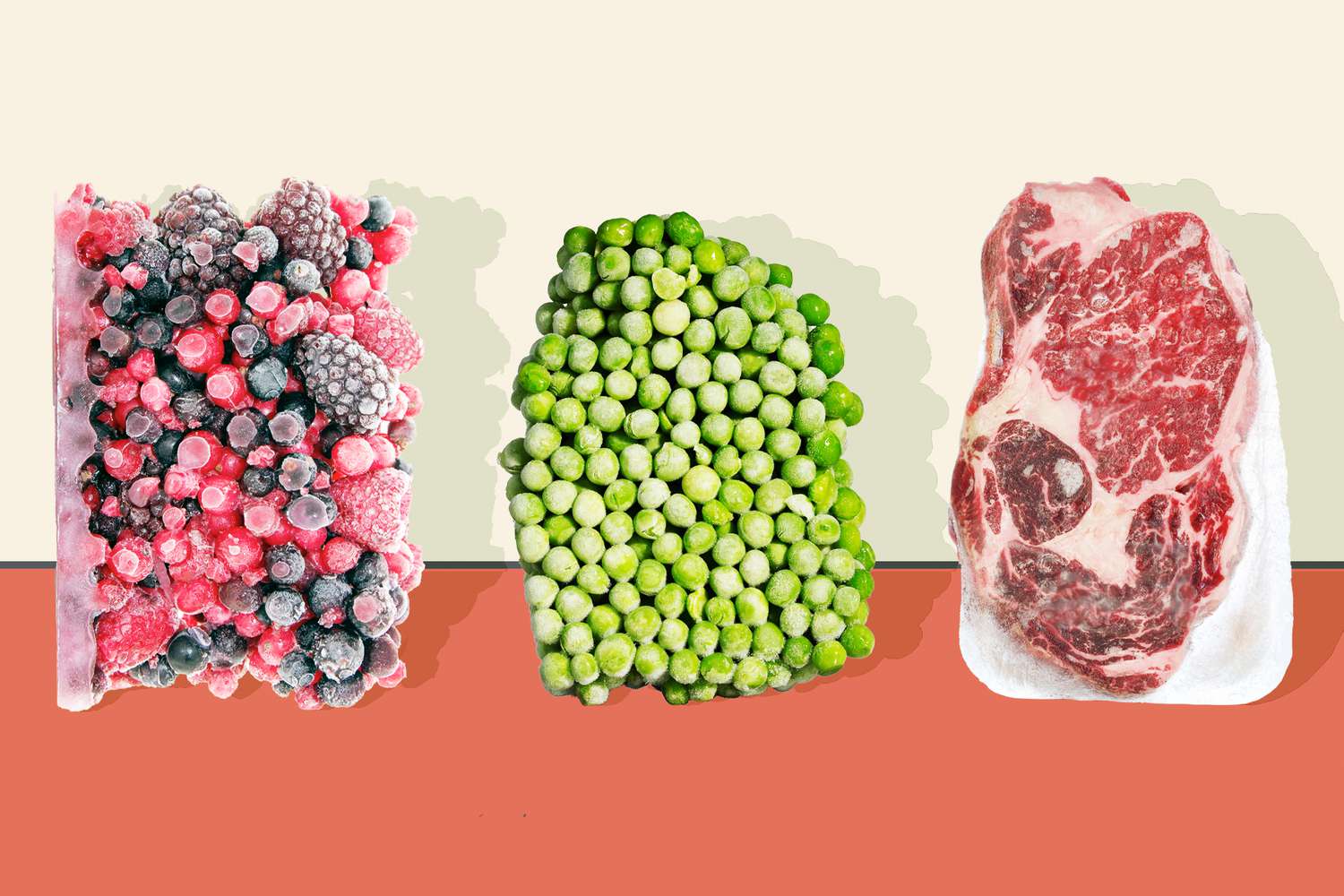 a block of frozen berries, frozen peas, and a frozen steak on a designed background
