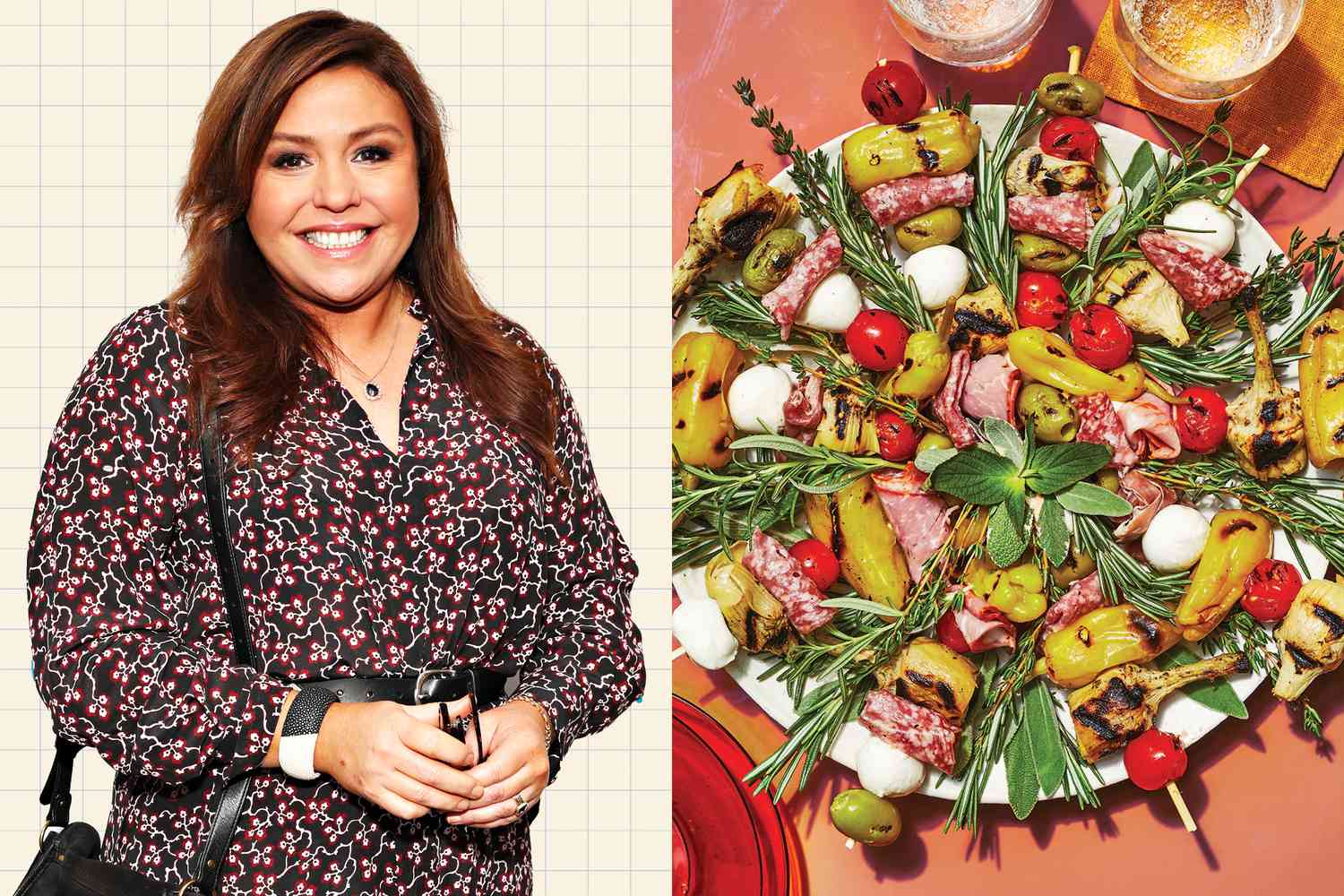 Rachel Ray on a designed background next to a charcuterie board in the shape of the wreath