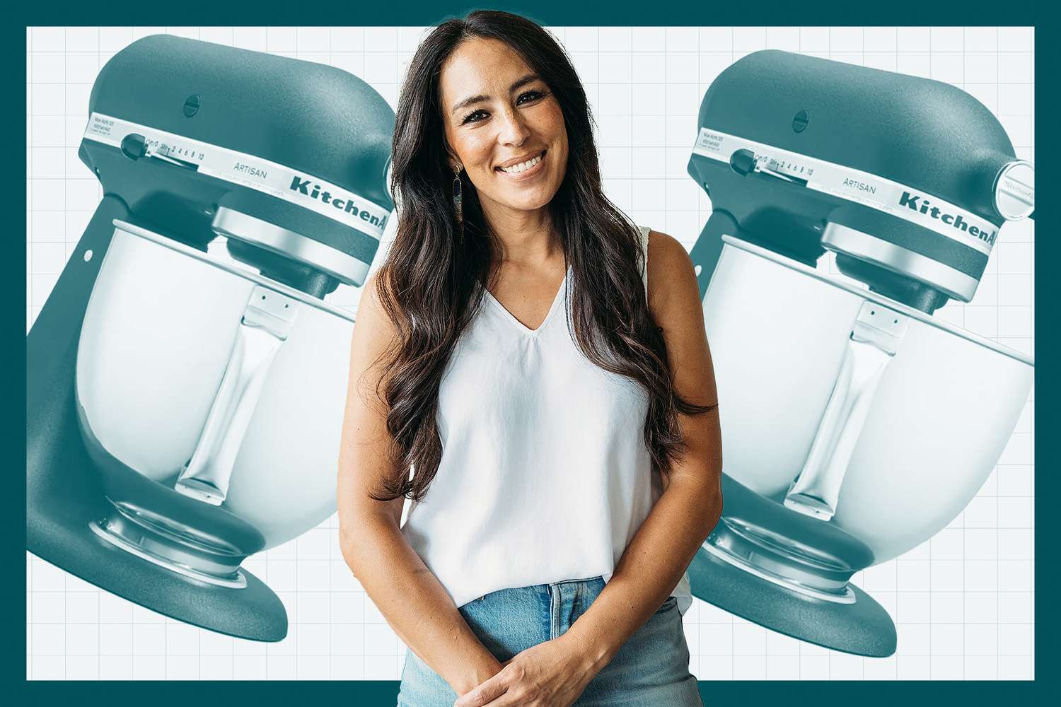 Joanna Gaines on a designed background made up of her new KitchenAid Stand Mixer from Target