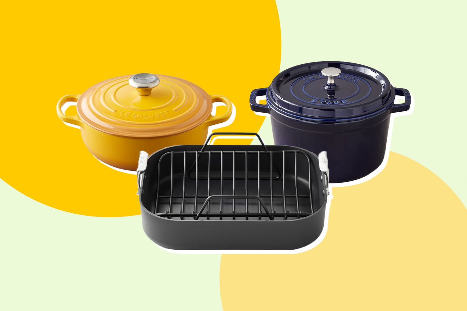 3 pieces of cookware on a designed background