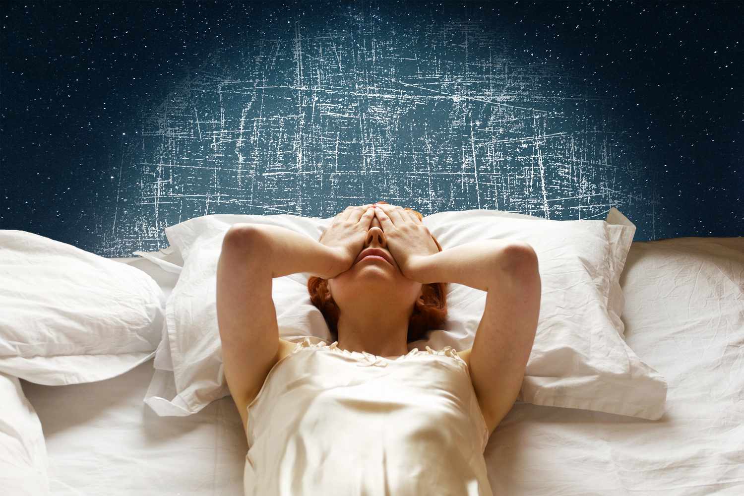 A woman laying in bed expressing discomfort with a night sky in the background and scratches
