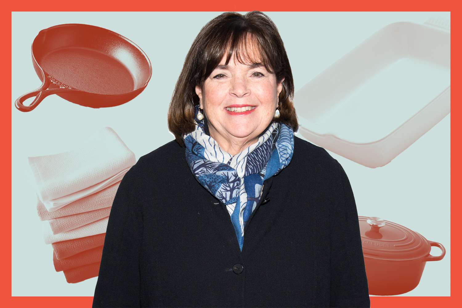 Ina Garten on a designed background with home products