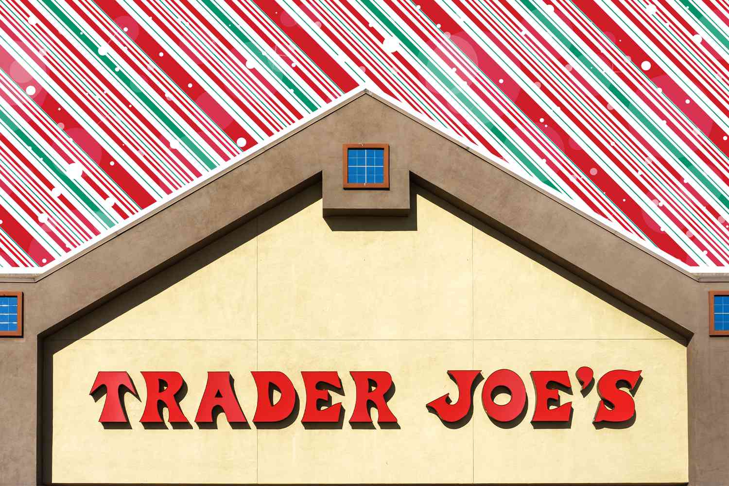 Trader Joe's storefront with a peppermint striped designed background