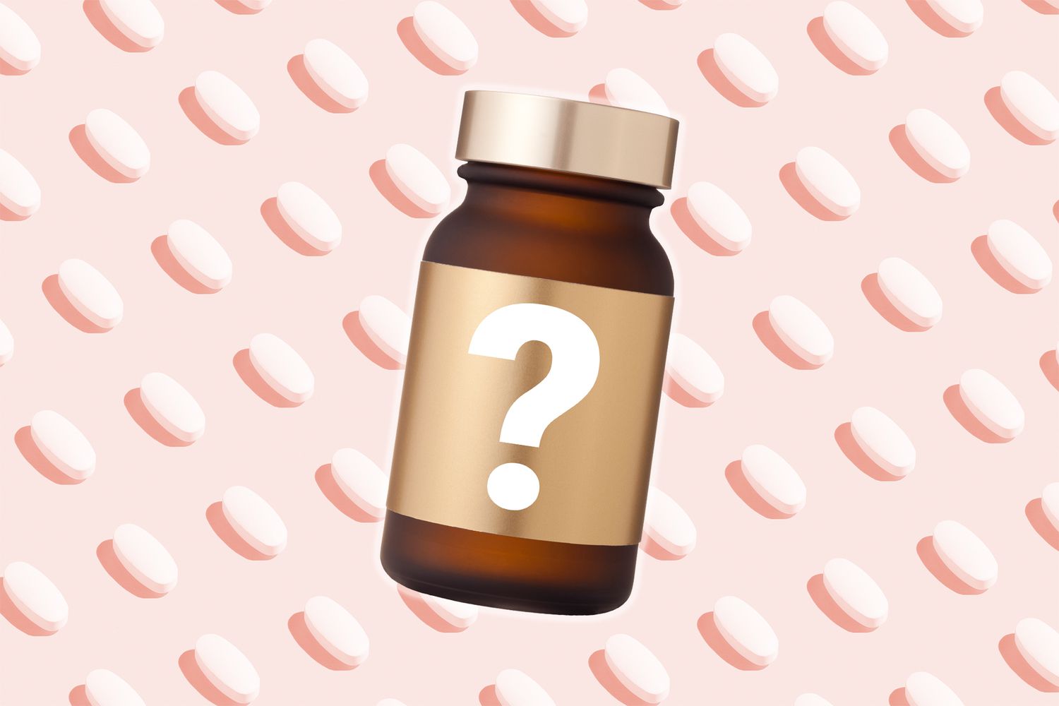 A supplement bottle with a question mark on it on a background of pills