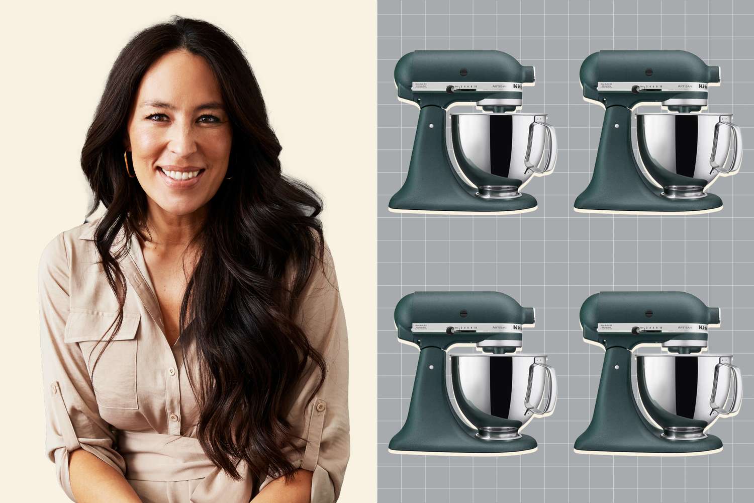 Joanna Gaines next to a grid of KitchenAid Stand mixers