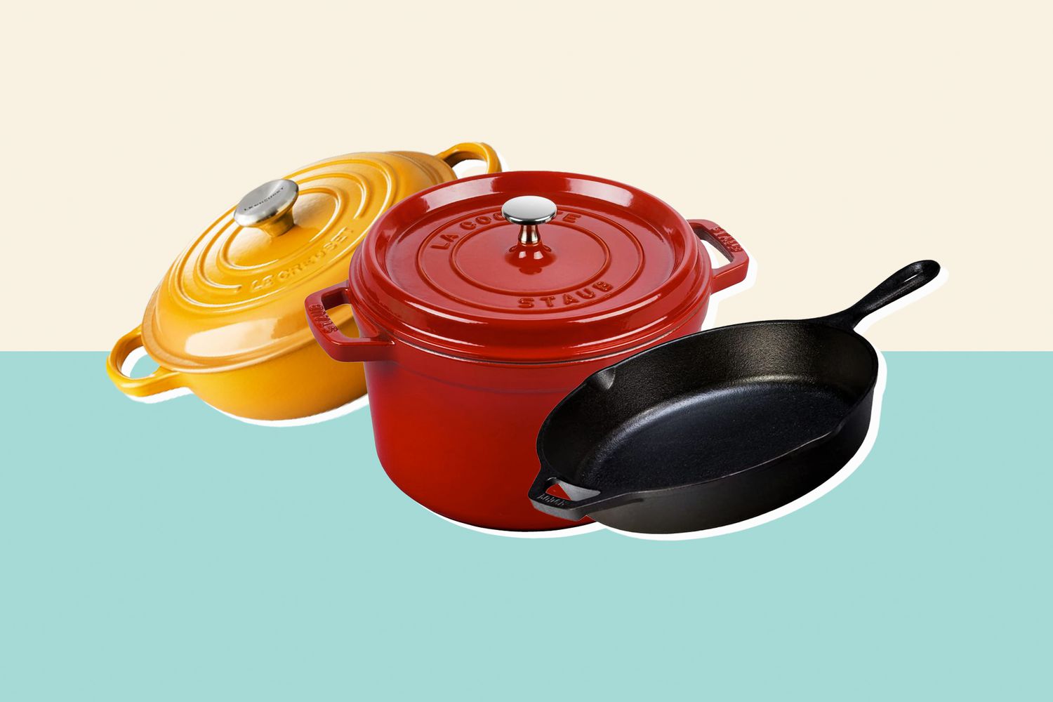 3 cast iron pots and pans on a designed background
