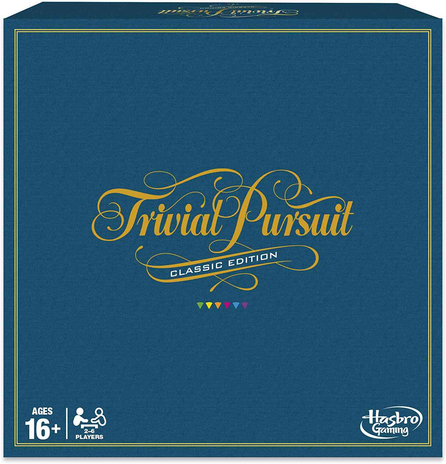 dark blue trivial pursuit box with gold writing