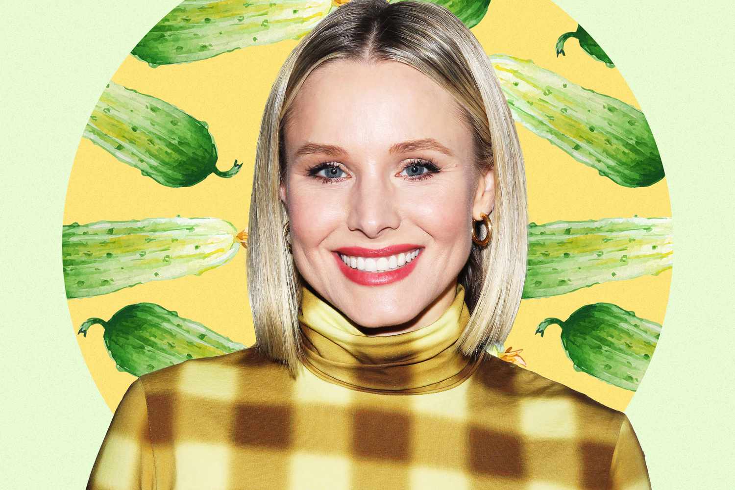Kristen Bell on a background of pickles