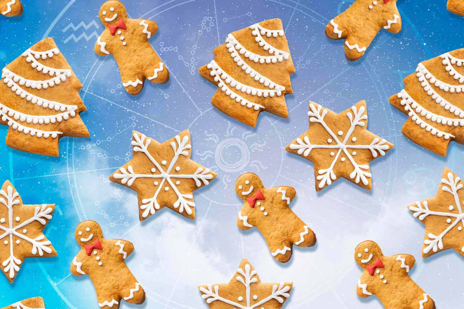 Holiday cookies floating on a space scape with a zodiac sign chart in the background
