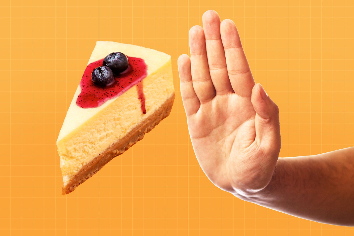 A hand in a stop position next to a slice of cheesecake
