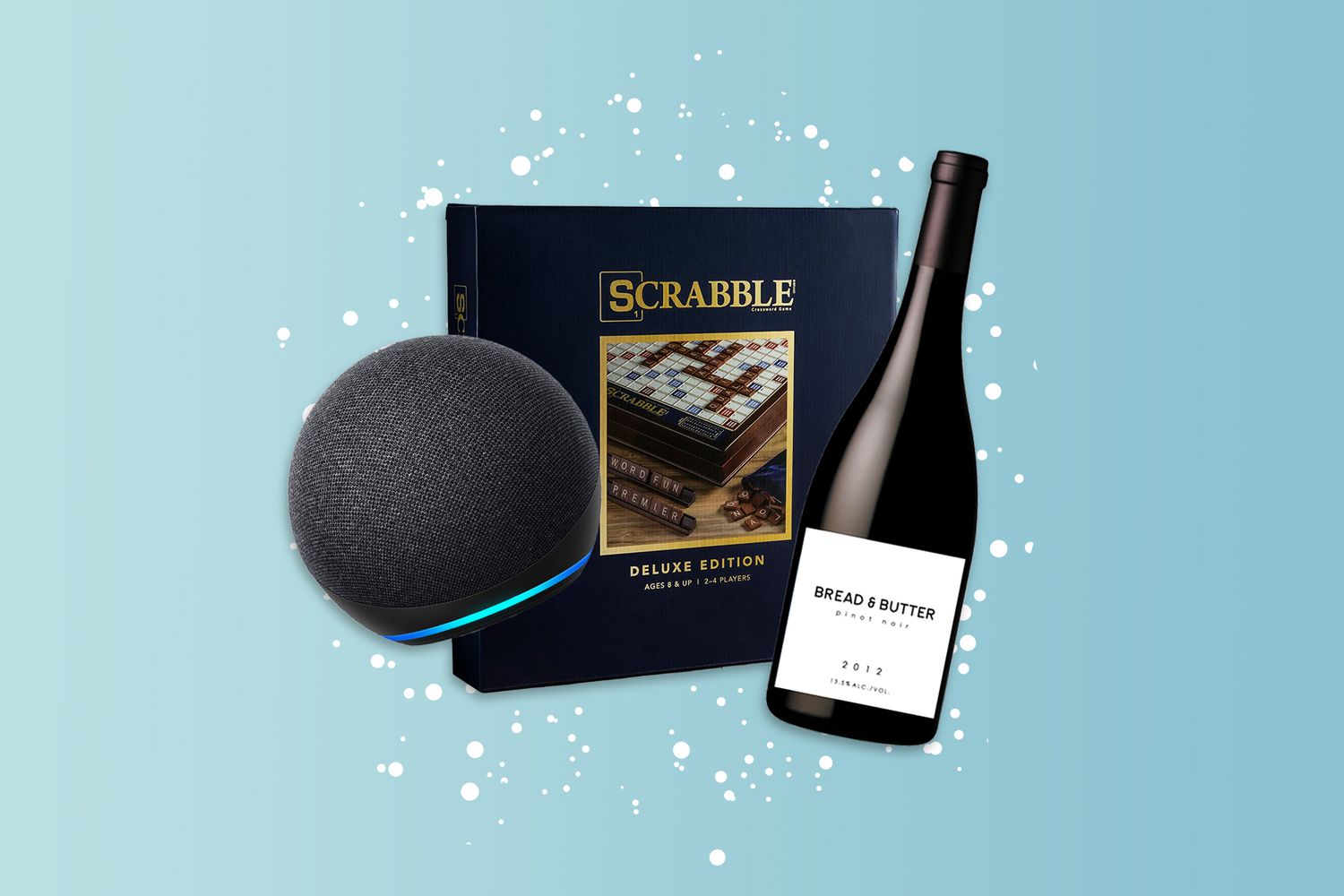scrabble, a speaker, and a bottle of wine on a designed background