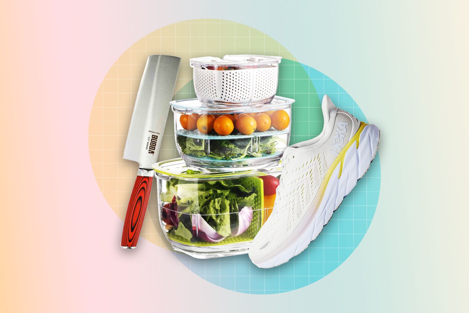 A kitchen knife, stack of tub-ware, and a running shoe on a designed background