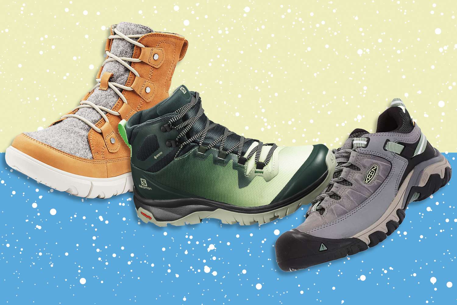 3 hiking boots on a designed background