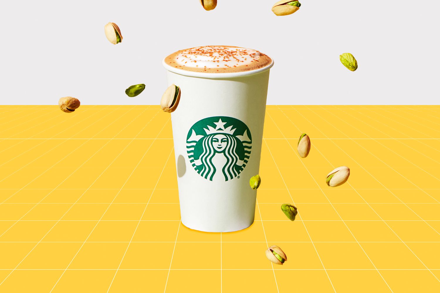 Starbucks Pistachio Latte on a designed background