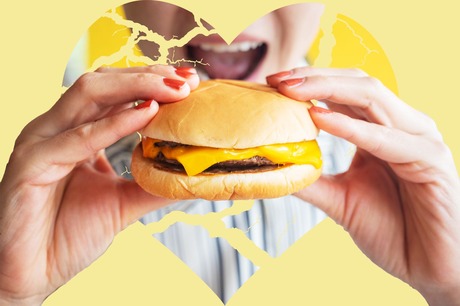 Hands holding a cheeseburger in front of a cracked heart with a persons open mouth in it