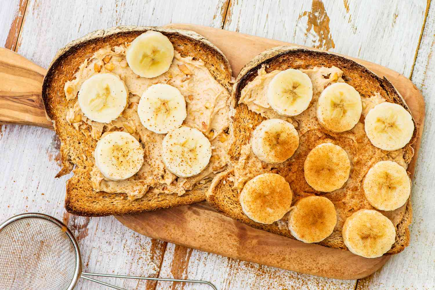 Toasts from Wholewheat Bread with Peanut Butter and Banana and cinnamon