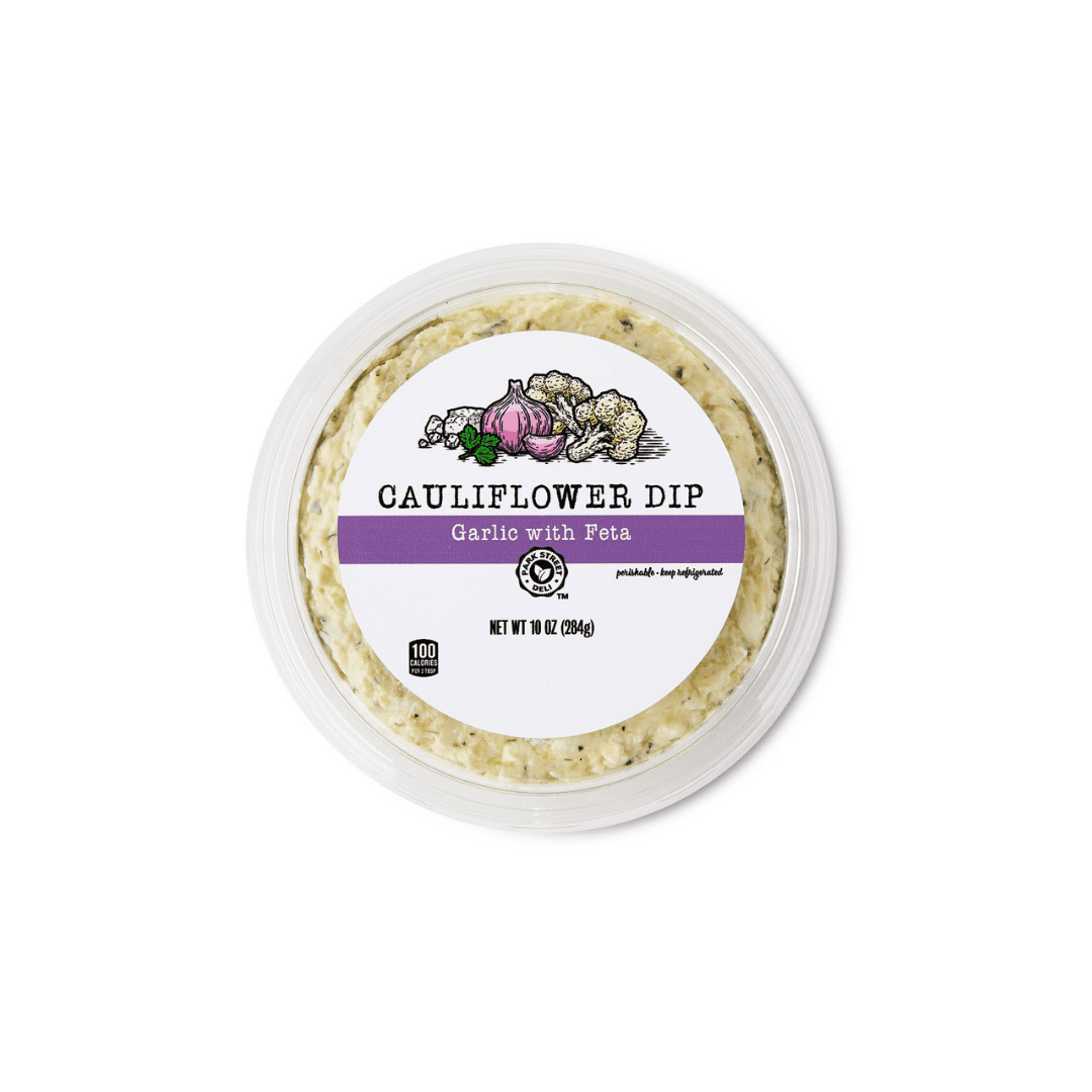 container of creamy cauliflower dip with white label