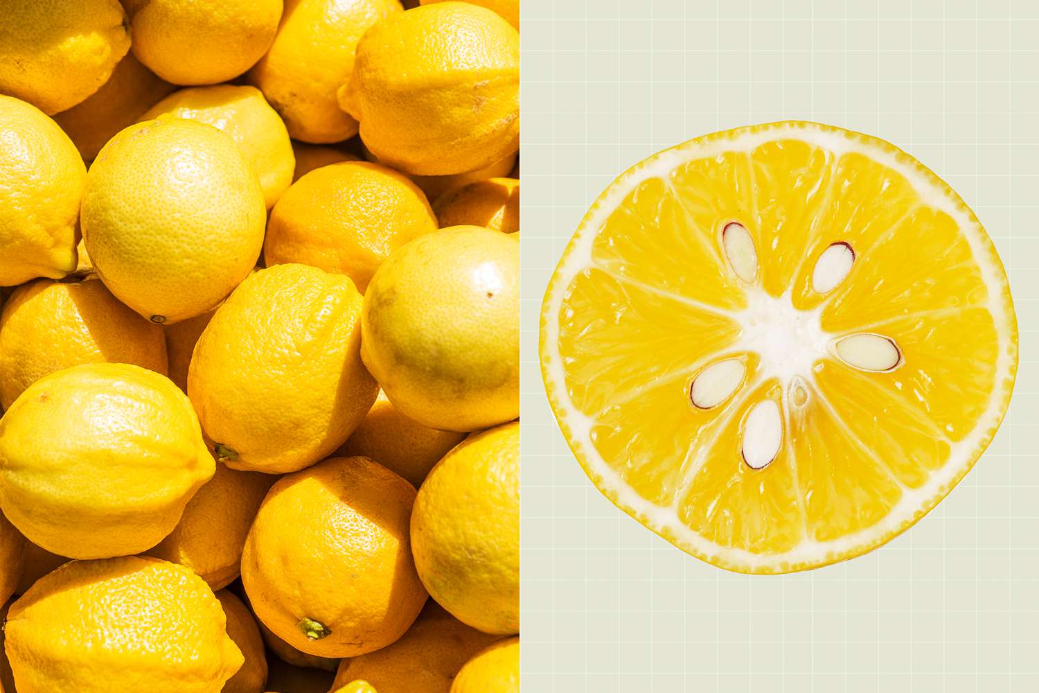 A pile of lemons next to a lemon slice on a designed background