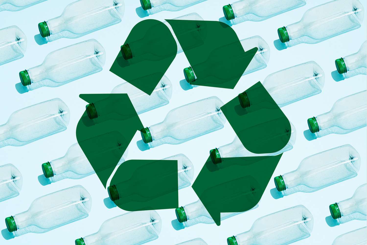 A recycle symbol over a grid of bottles