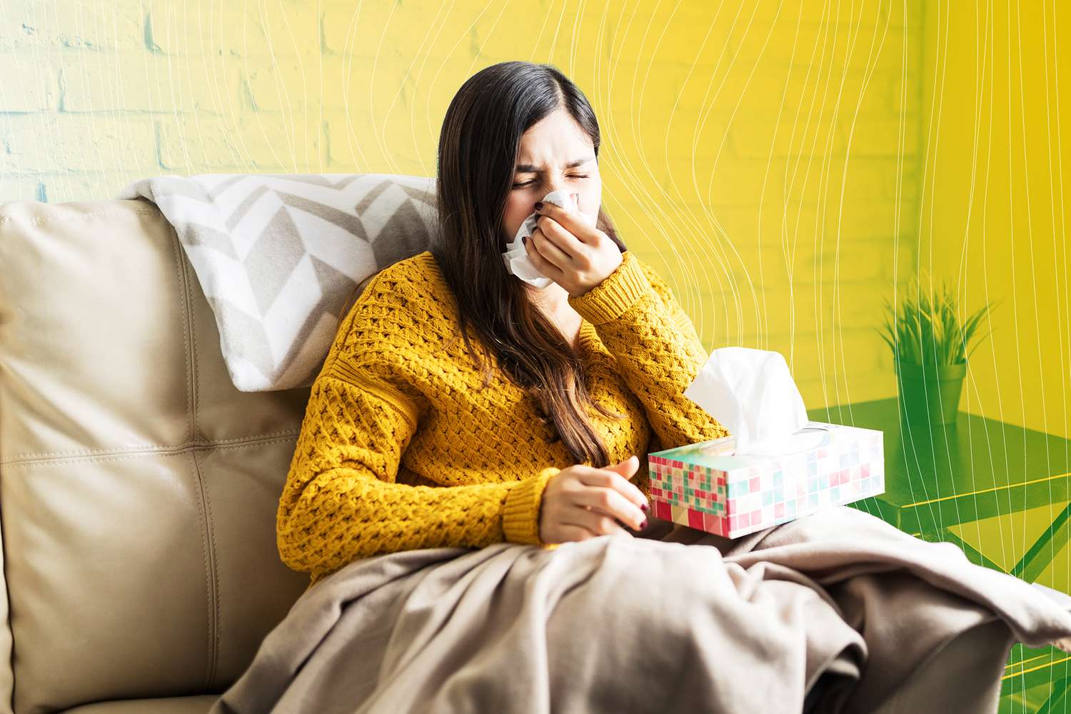 Ill Woman Sneezing At Home