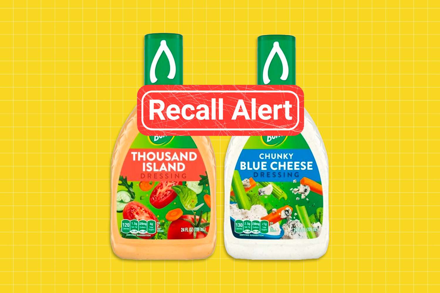 Two bottles of salad dressing with a recall button on top